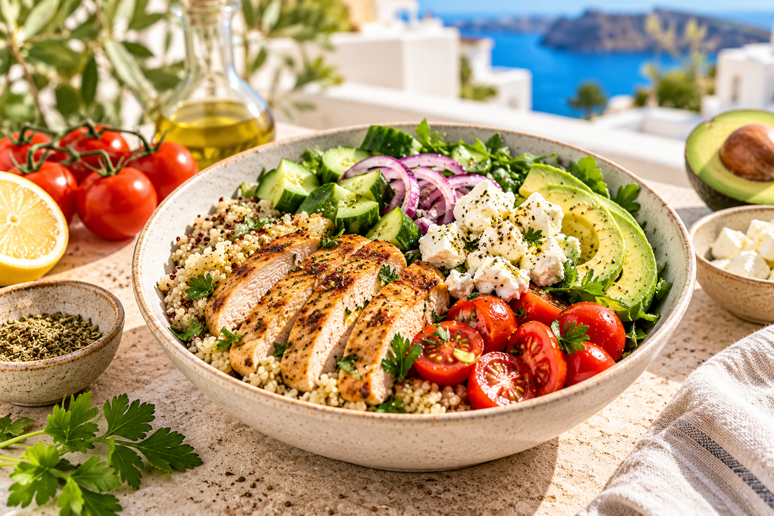 Mediterrane Hähnchen-Feta-Bowl